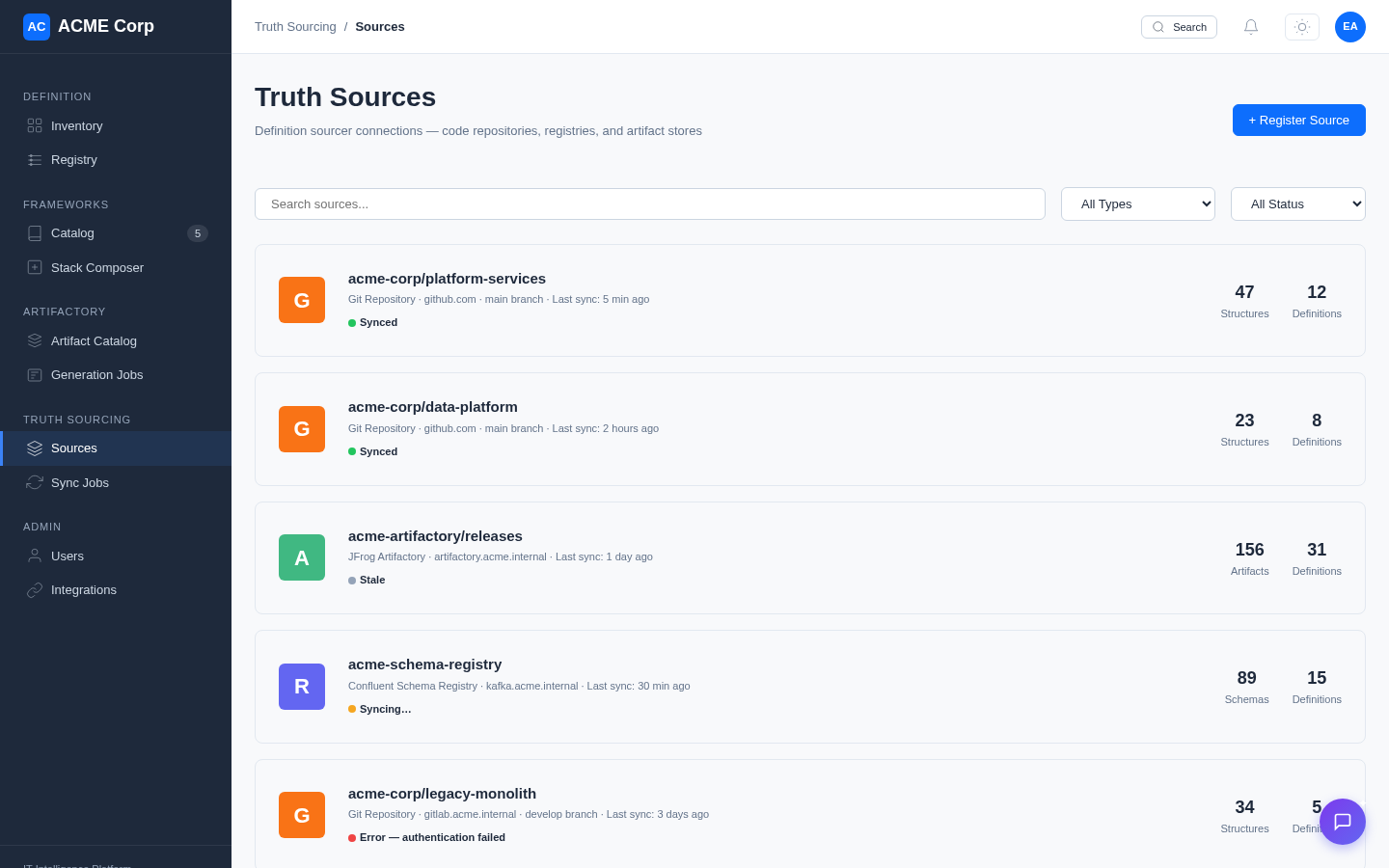 ITIP truth sources screen listing connected git repositories, artifact stores and schema registries with sync status and definition counts